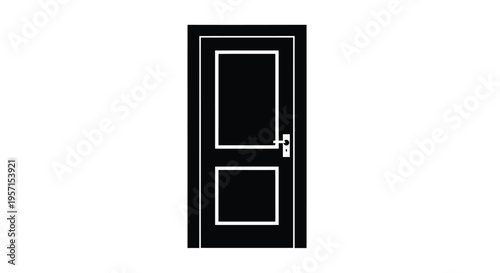 A stark black door with a silver handle against a white background