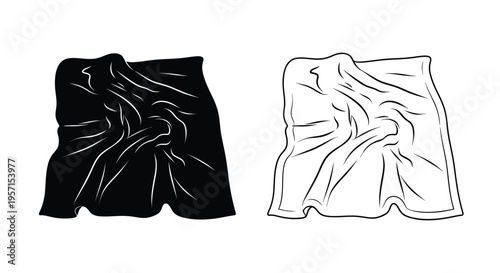Black and white depictions of crumpled fabric or a draped cloth
