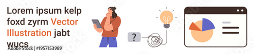 Business solutions, decision-making, analytics, creative ideas, problem-solving, teamwork. A person with a tablet, lightbulb tangled wire and a chart. Analytics and business ideas concept