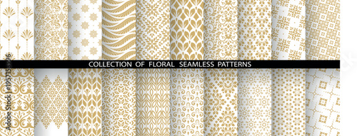 Geometric floral set of seamless patterns. White and golden vector backgrounds. Damask graphic ornaments