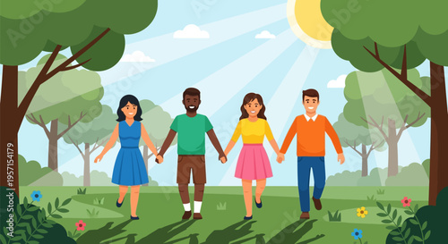 Diverse group of friends holding hands and running together.