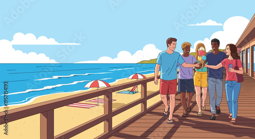 Diverse group of friends walking together on a sunny boardwalk, enjoying a leisurely stroll by the beach.