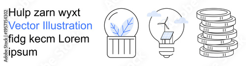 Renewable energy, sustainability, green technology, eco-friendly systems, financial growth, future innovation. Light bulbs with renewable energy symbols and stacked coins. Renewable energy
