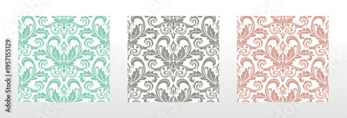 Wallpapers in the style of Baroque.. Set of colored floral ornaments. Seamless vector backgrounds Graphic patterns for fabric, wallpaper, packaging. Ornate Damask flower illustration