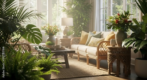 Cozy Living Room with Lush Green Plants.