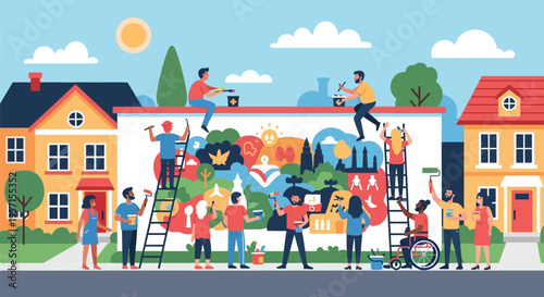 Diverse group of people collaborating to paint a vibrant mural on a wall.