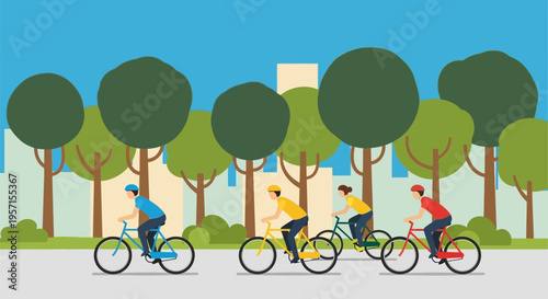 Group of diverse people enjoying a bike ride together in a park.