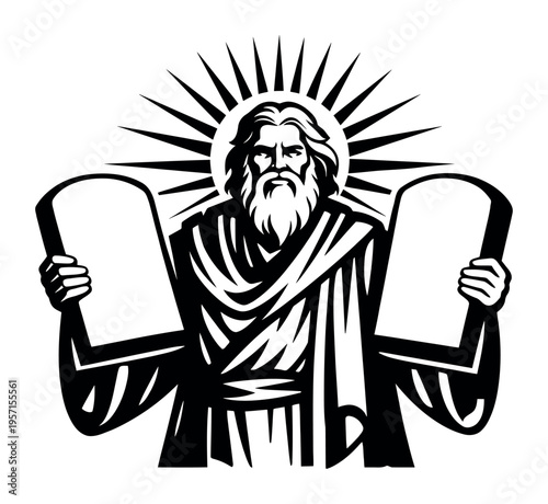Prophet Moses presenting blank stone tablets symbolizing the divine law. Illustrating religious history, faith, Abrahamic religions