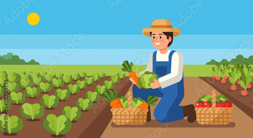 Happy male farmer harvesting fresh vegetables in a field.