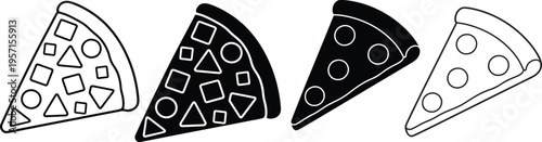 Four pizza slices with different geometric patterns in black and white