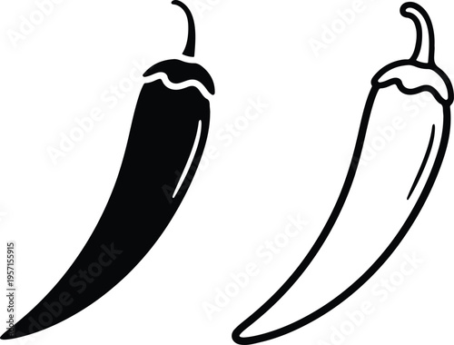 Two chili peppers one solid black and one outlined presented on a white background
