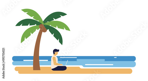 Man working remotely on a laptop under a palm tree at the beach.