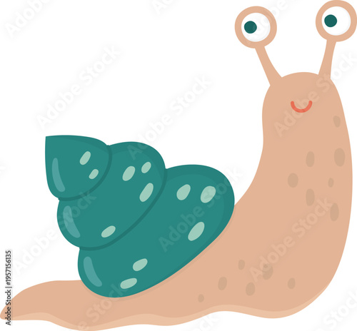 Illustration of cute snail with turquoise shell. Funny character isolated on white background