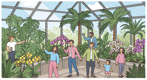 Diverse group of people enjoying a visit to a botanical garden.