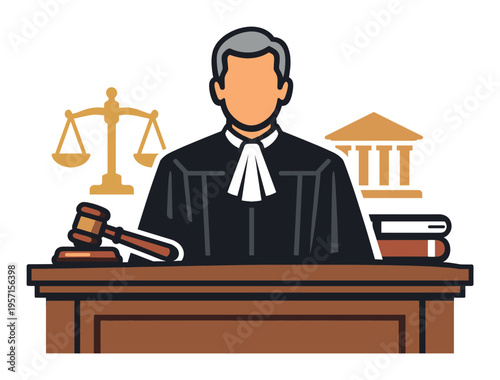 Judge sitting at a desk with a gavel, symbolizing judicial process, balancing justice, and legal authority