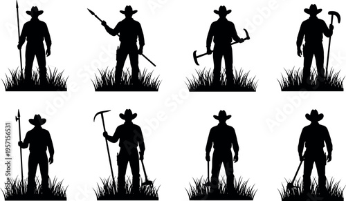Farmer silhouette set holding traditional agricultural tools in field grass, rural worker standing with spear, hoe and pickaxe, vintage farming lifestyle vector illustration.