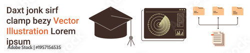 Education, data management, technological progress, academic achievement, file organization, digital systems. Image shows a graduation cap, radar screen and file connection. Education and data