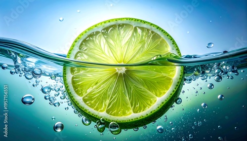 Slice of Lime Dropping into Water with Bubbles.