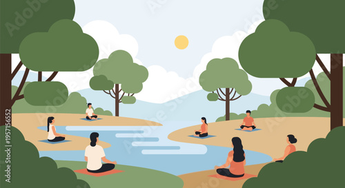Diverse group of people meditating peacefully by a serene river.