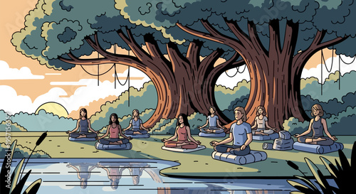 Diverse group of people meditating in a serene outdoor setting.