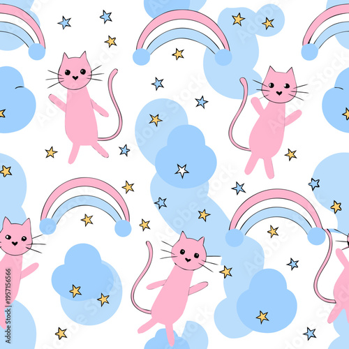 Cute pink cats with rainbows and clouds pattern design for children's decor