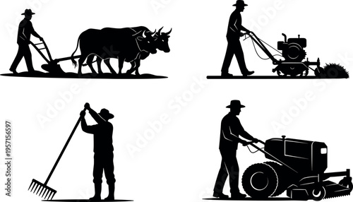 Farmer silhouettes performing agricultural activities including plowing with oxen raking soil and operating tractor and tiller machines, rural farming vector set isolated on light background