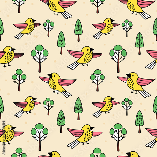 Seamless pattern of yellow sparrows and green trees on a light background