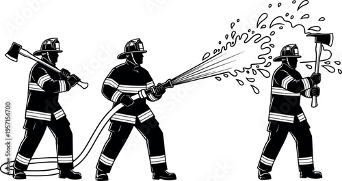 Firefighter team silhouettes in action spraying water hose and carrying axes, emergency rescue service concept, firefighting equipment uniform heroes isolated vector illustration design