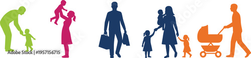 Colorful Family Silhouettes Collection Featuring Parents With Toddlers Babies in Strollers and Shopping Activities for Lifestyle Design Projects