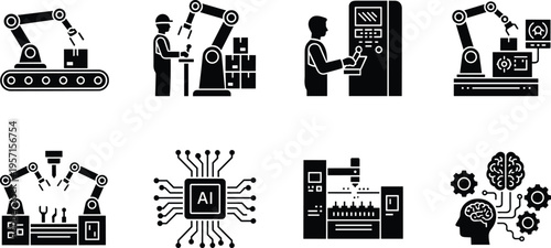 Industrial Automation and Artificial Intelligence Icon Set Featuring Robotic Arms Smart Manufacturing Digital Technology and Factory Production Elements