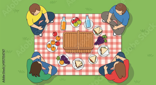 Overhead view of four people enjoying a picnic on a checkered blanket with a variety of food and drinks.