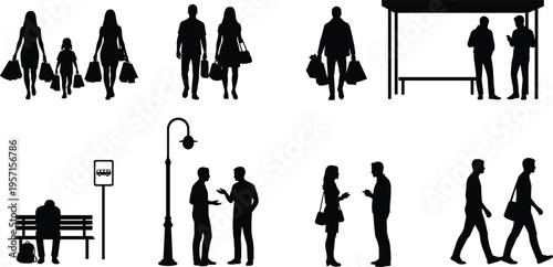 Large set of black silhouettes featuring people shopping, walking, standing at bus stops, waiting on benches, and talking together isolated on white background.