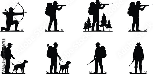 Large set of black hunter silhouettes featuring men with rifles, archery bows, hunting dogs, and backpacks in forest landscapes isolated on white.