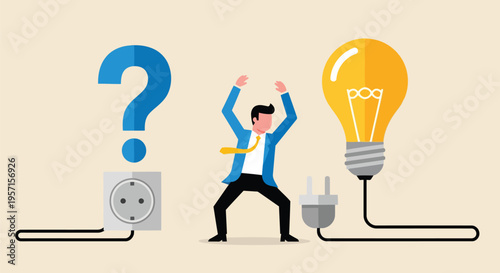 Businessman stressed between a large question mark wall socket and a light bulb plug representing the struggle for a connection.