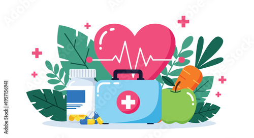 Healthy lifestyle composition featuring a medical kit bottle of pills apple carrot large pink heart with pulse line and green leaves.