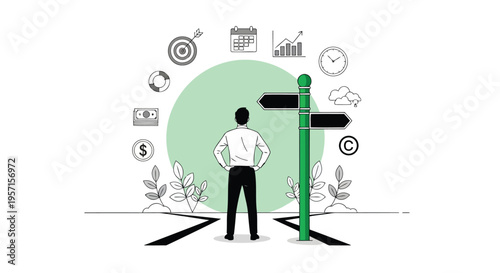 Businessman standing at a crossroad with a signpost looking at various icons representing career choices financial goals and time management.