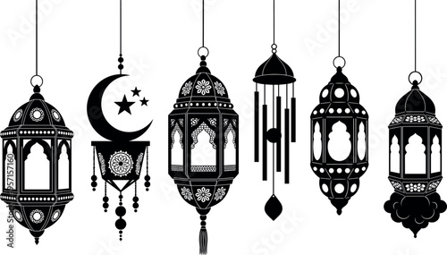 Islamic hanging lantern silhouettes collection with crescent moon stars and decorative patterns, Ramadan and Eid festive vector illustration isolated on light background for design