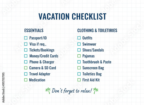 Travelers prepare essentials and clothing checklist before departing on vacation abroad