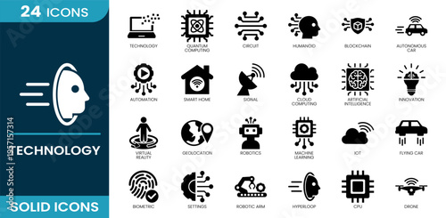 Technology icon set. Quantum computing, circuit, humanoid, blockchain, autonomous car, smart home, cloud computing, artificial intelligence, robotics, drone and more. Solid vector icons collection.