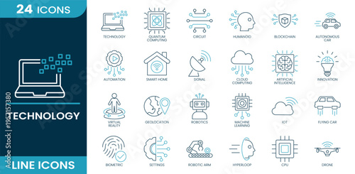 Technology icon set. Quantum computing, circuit, humanoid, blockchain, autonomous car, smart home, cloud computing, artificial intelligence, robotics, drone and more. Line vector icons collection.