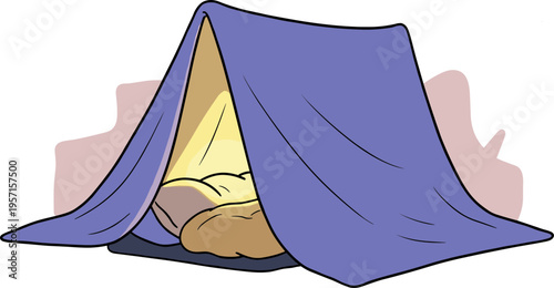 Hand drawn style of a colorful blanket fort with cushions inside, illuminated from within, set against a soft backdrop, isolated on transparent background.