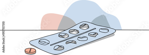 Hand drawn style of a blister pack of medication with one pill on a table, isolated on white background, colorful shapes in the background for a modern aesthetic.