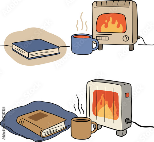 Warm cozy indoor scene with books, steaming mugs, and heaters creating a comforting atmosphere with a hand-drawn style on a transparent background