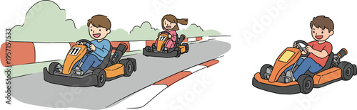 Two children racing go-karts on a colorful track in a fun and playful atmosphere with cartoonish style, isolated on a transparent background.