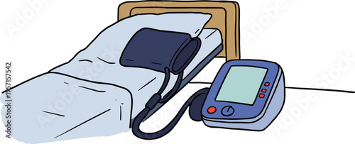 Illustration of a hospital bed with a blood pressure monitor device on a pale blue blanket isolated on a transparent background
