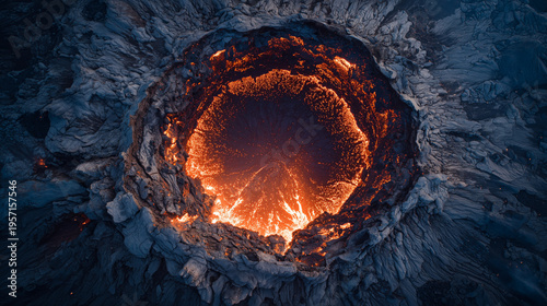 Aerial view of a volcanic crater with glowing molten lava and smoke rising.