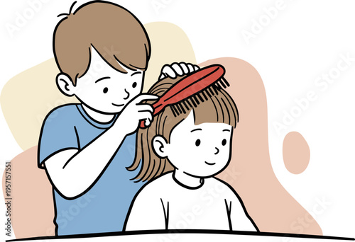 Child styling hair with a red comb, in a hand-drawn illustration, on a colorful background, showing care and affection in a close-up view.