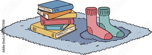Colorful stack of books and two cozy socks on a soft rug in a hand-drawn style, isolated on a transparent background, perfect for children's themes.