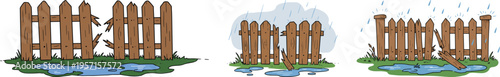 Damaged wooden fence panels with puddles in the grass under cloudy weather depicted in hand drawn style on a transparent background