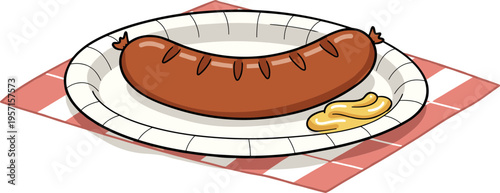 Hand-drawn style of a sausage on a paper plate with yellow mustard, isolated on a transparent background, food illustration for menu or culinary use.